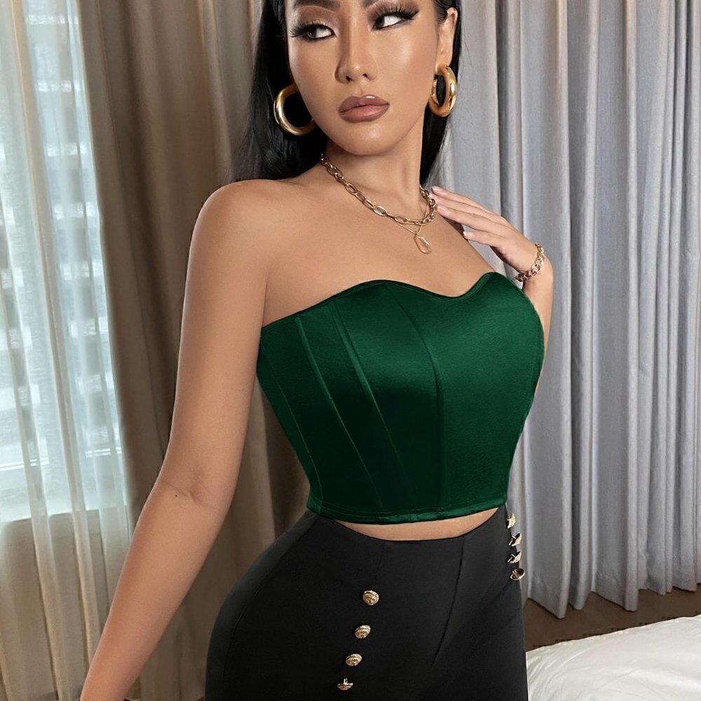 Green Casual Womens Satin Crop Bandeau Top - Picture 4 of 5